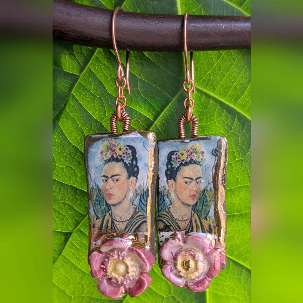 Unique Frida Khalo Earrings Artisan Crafted Lightweight Ceramic Charms - Picture 3 of 16